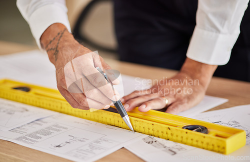 Image of Closeup, hands and architect with blueprint, measurement and planning for new project construction. Zoom, engineering and male person with documents, architecture and equipment to check information