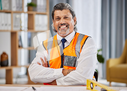 Image of Architect, contractor and portrait of man in office for construction project management, development and planning property. Happy mature designer, building planner and engineering with arms crossed