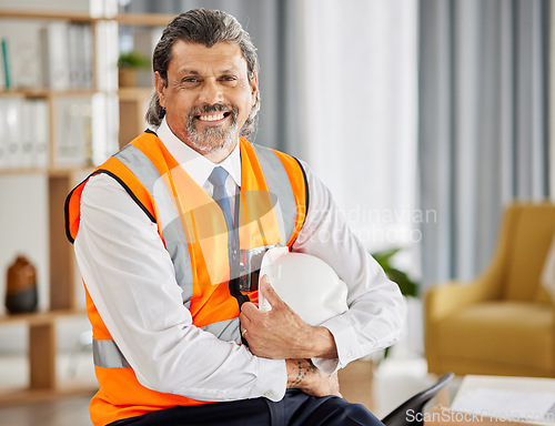 Image of Construction, contractor and portrait of man in office for project management, development and industrial planning. Happy mature designer, building planner and engineering manager with safety helmet
