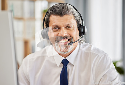 Image of Call centre, happy and portrait of a man with a headset and a smile for customer service. Face of a mature male consultant or agent for technical support, help desk or crm advice and telemarketing