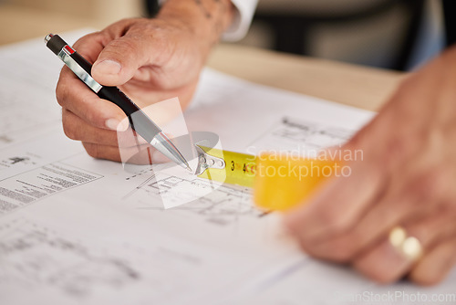 Image of Hands, architecture and tape measure for drawing blueprint, illustration or engineering process of project. Closeup of designer with stationery for lines, property development or sketch of floor plan