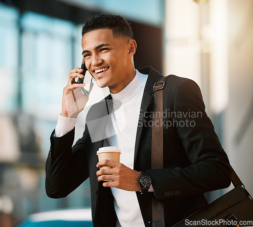Image of Phone call, coffee and a business man walking in the city on his morning commute for corporate work. Mobile, smile and a happy young male employee drinking tea while in an urban town for travel