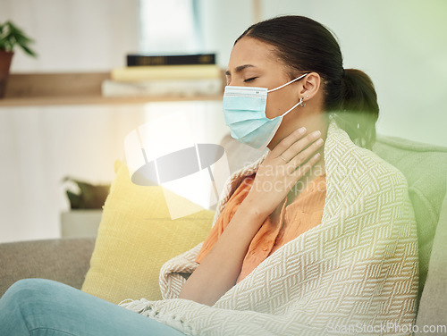 Image of Sick, virus and face mask with woman on sofa for sore throat, illness and inflammation. Allergy, tired and fever with female patient in living room at home for pneumonia, disease and fatigue