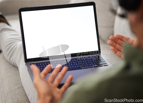 Image of Laptop screen, mockup and man on sofa for webinar, video call and remote work from back. Communication, technology and training online, freelancer working as advisory consultant on home office couch.