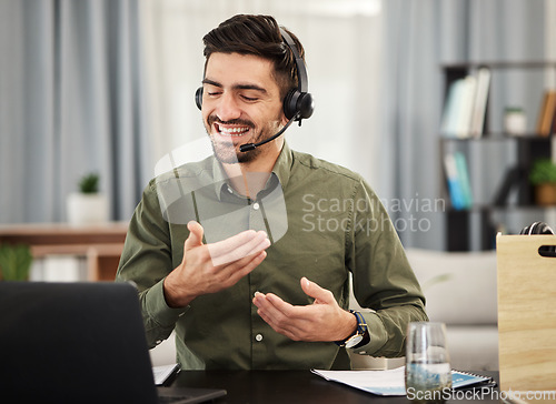 Image of Laptop, advice and happy man in home office for webinar, video call and remote work with streaming seminar. Communication, technology and training online, freelancer or advisory consultant in lounge.