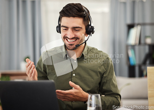 Image of Laptop, smile and man in home office for webinar, video call and remote work with streaming seminar. Communication, technology and training online, freelancer working as advisory consultant in lounge