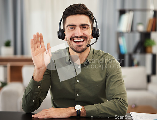 Image of Man, portrait and wave for virtual meeting, video call or voip communication of advisory telemarketing. Face, home office and happy agent consulting with microphone, telecom tech and hello in webinar