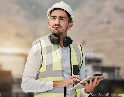 Image of Thinking, engineering and man at construction site with tablet for inspection, project management and architecture. Maintenance, online research and builder with digital checklist for expert safety.