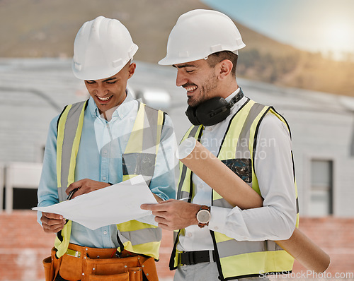 Image of Architecture blueprint, construction site and happy people teamwork on development project, floor plan or design info. Illustration, engineer team and architect collaboration on civil engineering