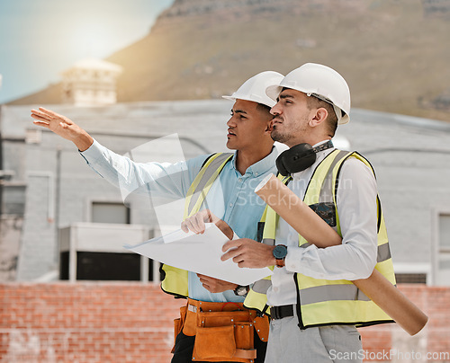 Image of Architect planning, teamwork or people gesture at development project, building site or civil engineering. Construction worker, collaboration or engineer team cooperation on urban industrial property