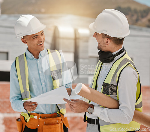 Image of Architecture blueprint, smile and people teamwork on development project, floor plan or design sketch. Construction worker success, engineer team and architect cooperation on industrial illustration