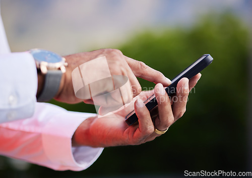 Image of Business man, hands and smartphone in city to search social network, mobile website and internet contact. Closeup of worker outdoor with cellphone, reading corporate news app and typing information