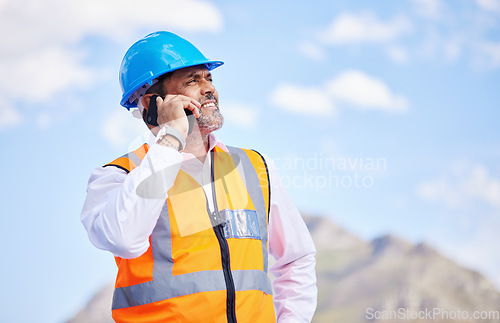 Image of Architecture, construction and phone call in the city for building, planning and communication of worker with engineer. Cellphone, conversation and senior man and architect in project management