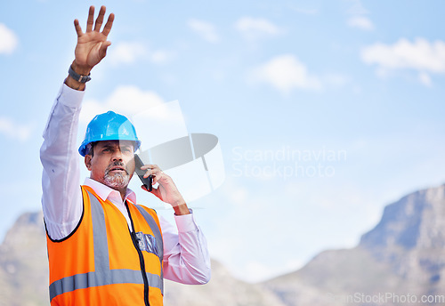 Image of Outdoor, phone call and construction worker talking about building, project management and development in the city. Engineer, architect or senior man on smartphone for industrial work inspection