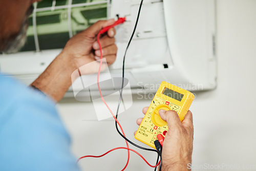 Image of Multimeter, electrician and test for power, electricity or energy inspection on electrical box, system and voltage tools. Technician, engineer or handyman to measure current, supply or maintenance