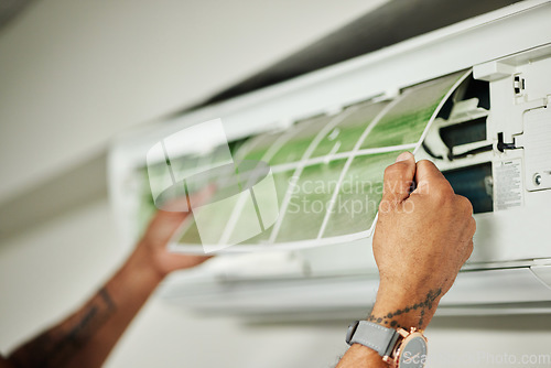 Image of Electrician, ac repair and air conditioner with hands of man for maintenance, ventilation and power. Engineering, electricity and inspection with closeup of technician for filter, fan and contractor