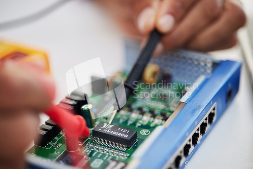 Image of Motherboard, hands and technology with microchip, engineering and repair closeup. IT, hardware and electrical person working on maintenance, problem solving and circuit check of battery with tools