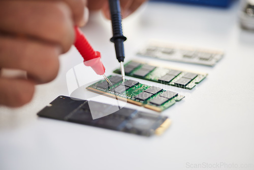 Image of Hands, motherboard and engineer solder circuit board for technology, electrical hardware or CPU microchip. Closeup, technician and iron welding tools for IT maintenance, upgrade or test semiconductor