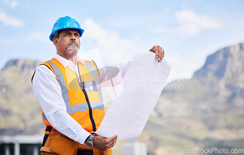 Image of Engineering man, thinking and blueprint for outdoor construction, planning and project management in city. Ideas, floor plan vision and contractor, manager or person for design paper and architecture