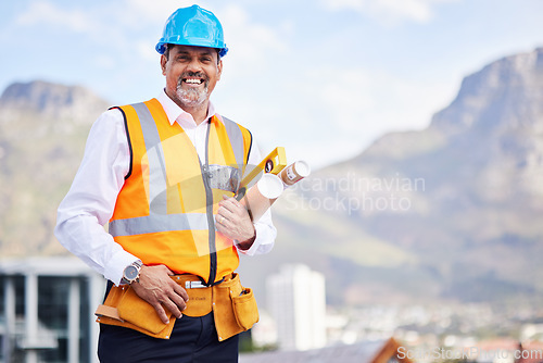 Image of Man, engineering portrait and city with blueprint construction, project management and outdoor design. Happy face of architecture person, contractor or industrial manager in helmet and floor plan