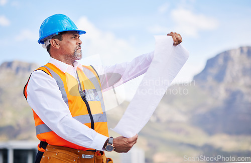 Image of Engineering man, floor plan and outdoor construction, planning and project management in city. Analysis, property blueprint and contractor, manager or person with design paper, ideas and architecture