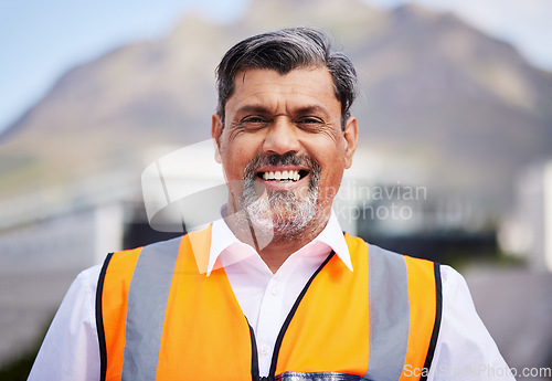 Image of Construction, manager and portrait of man in city for building project, site maintenance or civil engineering. Face, architecture or happy mature male contractor working in urban property development