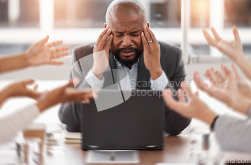 Image of Stress, hands and businessman with a headache in the office while in a meeting with a team. Burnout, migraine and African professional male manager with project deadline on a laptop in the workplace.