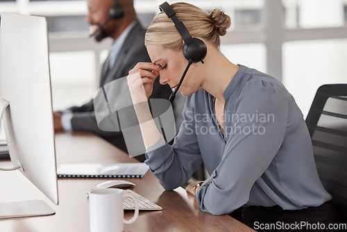 Image of Stress, tired and call center with business woman in office for anxiety, burnout and mental health. Consulting, receptionist and customer service with employee for anger, fatigue and problem