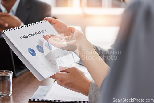 Image of Documents, marketing strategy and people hands planning, collaboration and infographics for social media growth. Paperwork, proposal and portfolio of business worker or employee in meeting discussion