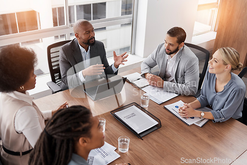 Image of Business meeting, manager and people planning, management and speaking of financial report or proposal. Diversity women, men and corporate leader on laptop and documents for team or employee feedback