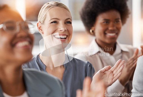 Image of Business people, face of happy woman and team with applause in seminar, tradeshow and achievement of success. Female worker clapping with crowd to celebrate meeting, workshop and award at conference