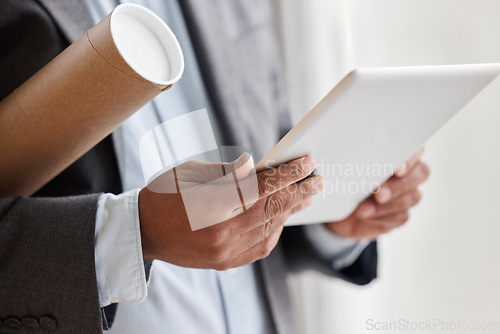 Image of Hands, architecture and a man with a tablet for internet, infrastructure research or communication. Digital, planning and a contractor or businessman with technology for a construction app or email