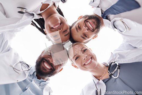 Image of Hospital doctors, circle portrait and happy people for healthcare teamwork, medical support services and clinic help. Medicine solidarity, below view face or group nurses for cardiology collaboration