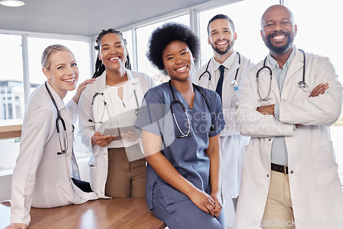 Image of Smile, portrait and hospital doctors, people or surgeon team for healthcare, help services or medical collaboration. Medicine health professional, clinic group solidarity or staff nurses for medicare