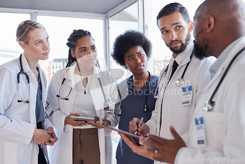 Image of Teamwork, diversity or hospital people, doctors or surgeon team discussion, medical research or clinic collaboration. Medicine health professional, group report or nurses planning healthcare services