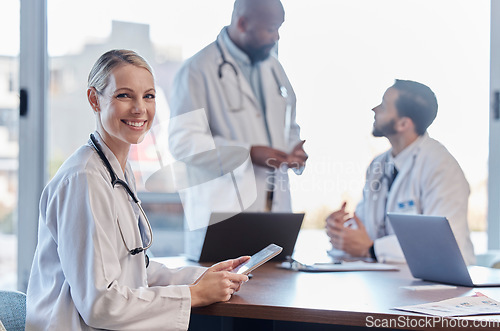 Image of Portrait, research and hospital doctor, happy woman or surgeon team work on healthcare report, medical help or wellness. Medicine development, tablet and clinic person with online support information