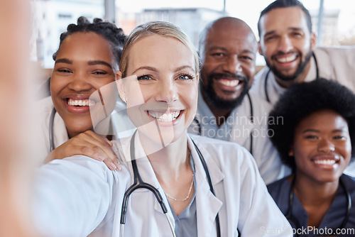 Image of Selfie, portrait and hospital doctors, happy people or surgeon team smile on healthcare, medical photo or health services. Teamwork support, memory picture or group face of diversity medicare nurses