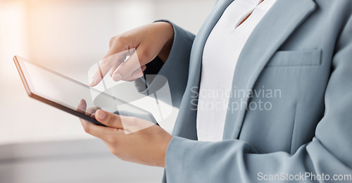Image of Hands, typing and a person with a tablet at work for communication, email or internet research. Closeup, business and an employee with technology for analysis, website or working online in an office