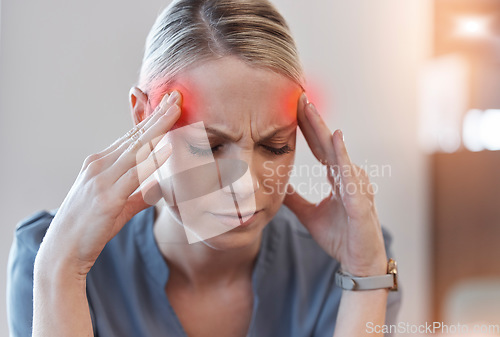 Image of Business woman, headache and stress with thinking, red glow or overlay for burnout at finance job. Accountant employee, pain and tired with fail, depressed and fatigue with pressure at modern office