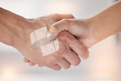 Image of Closeup, shaking hands and people meeting for introduction, agreement and support of deal, partnership and welcome. Handshake for greeting hello, thank you and networking with trust, success and team