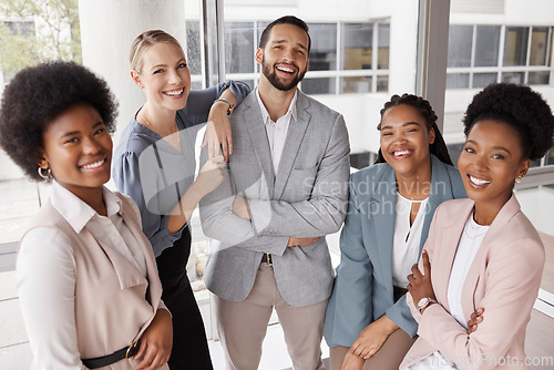 Image of Business, group and portrait with smile at workplace with pride for finance teamwork. Professional, people and happy with diversity or confidence at corporate company with support with leadership.