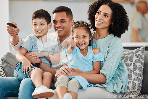 Image of Happy, relax and family watch television show, network subscription movie or streaming service film. Living room sofa, bond or home mom, dad and children watching tv, entertainment or kids cartoon