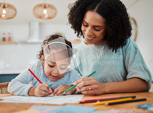 Image of Family, mother and girl child drawing, learning and home education support, helping or color for school. Writing, happy teaching and mom or african woman with kid for creative development or language