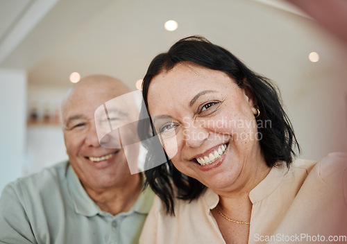 Image of Smile, happy and selfie with old couple in living room for love, support and retirement. Happiness, marriage and profile picture with portrait of senior man and woman at home for care and peace