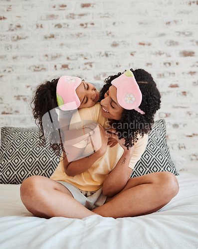 Image of Love, mother and kid with hug in bedroom or happiness in home for quality time with care. Woman, child and embrace in morning with bonding or affection with girl in apartment to relax or comfort.