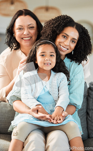 Image of Grandma, mother and daughter in portrait, sofa and smile together with love, bonding and relax in family house. Mom, senior woman and girl child with care, generations and happy in home living room