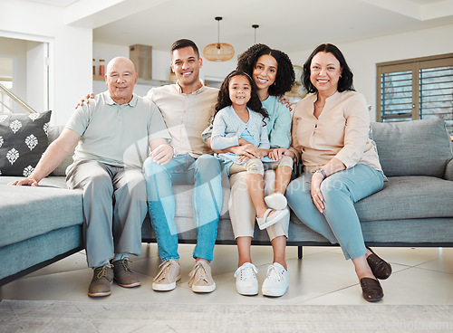 Image of Relax, portrait and generations of family on sofa together, support and love in new home or apartment. Men, women and child on couch, happy smile with grandparents, parents and kid in living room.