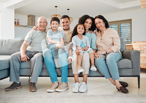 Image of Portrait of grandparents, parents and kids on sofa together, support and love in new home or apartment. Men, women and children on couch, happy smile to relax and generations of family in living room
