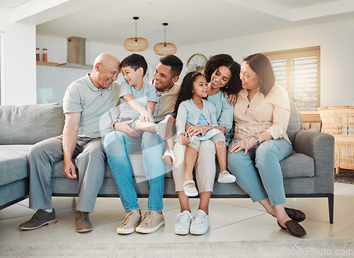 Image of Happiness of grandparents, parents and kids on sofa together, support and love in home or apartment. Men, women and children on couch, smile to relax and generations of happy family in living room.