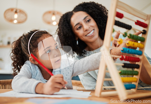 Image of Math, child learning and mother for home education, numbers support or helping in kindergarten development. Happy mom, woman and girl kid writing abacus numbers on paper, school and family teaching